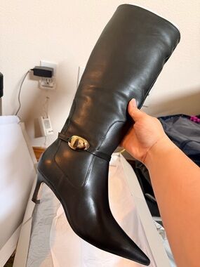 Arezzo Women’s Black Pointed-Toe Tall Boot with Gold Accent